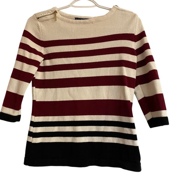 Karen Scott Cotton Striped Petite 3/4 Sleeve Sweater with Shoulder  Zippers Cozy - Picture 2 of 4